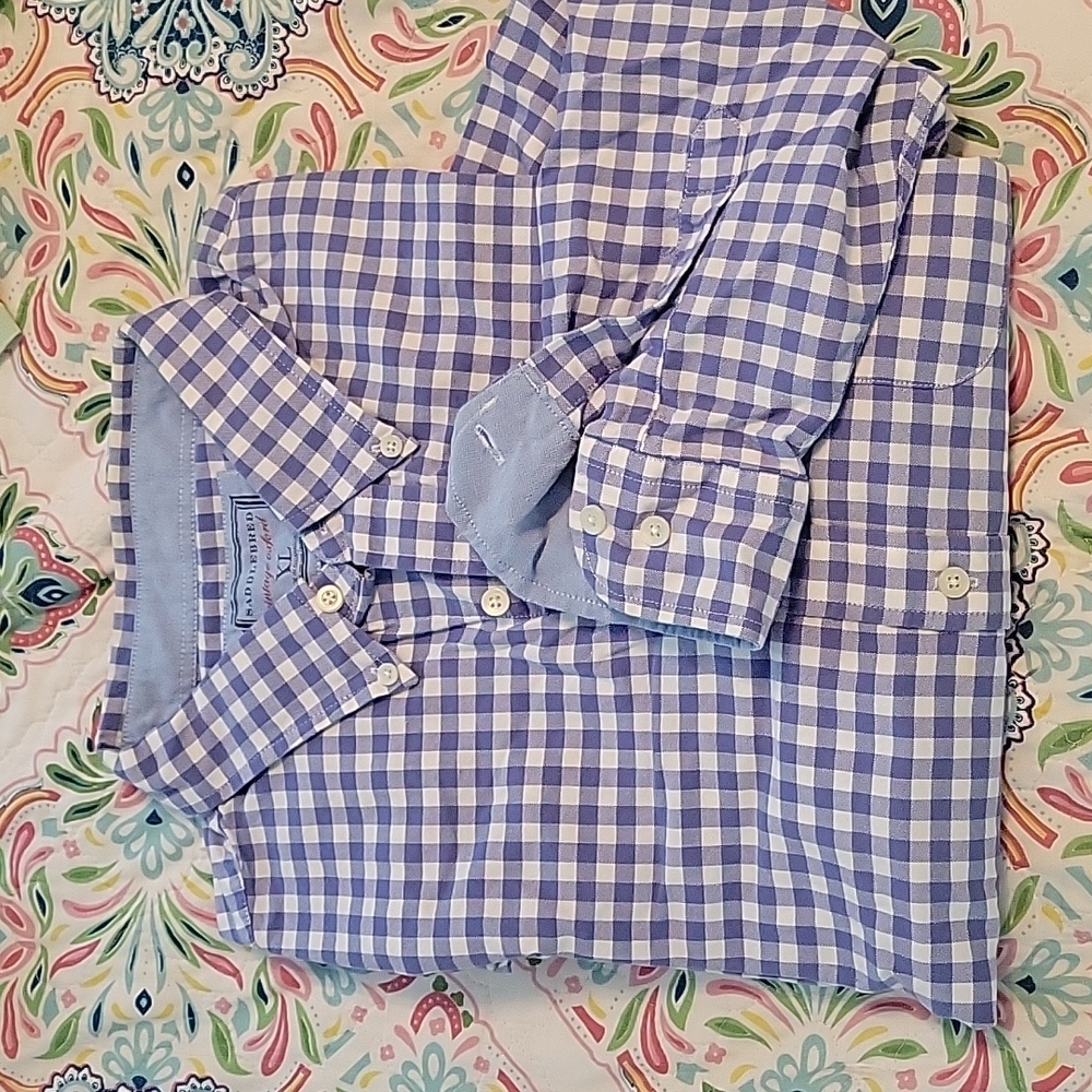 Mens Saddlebred gingham plaid blue long sleeve dress shirt XL